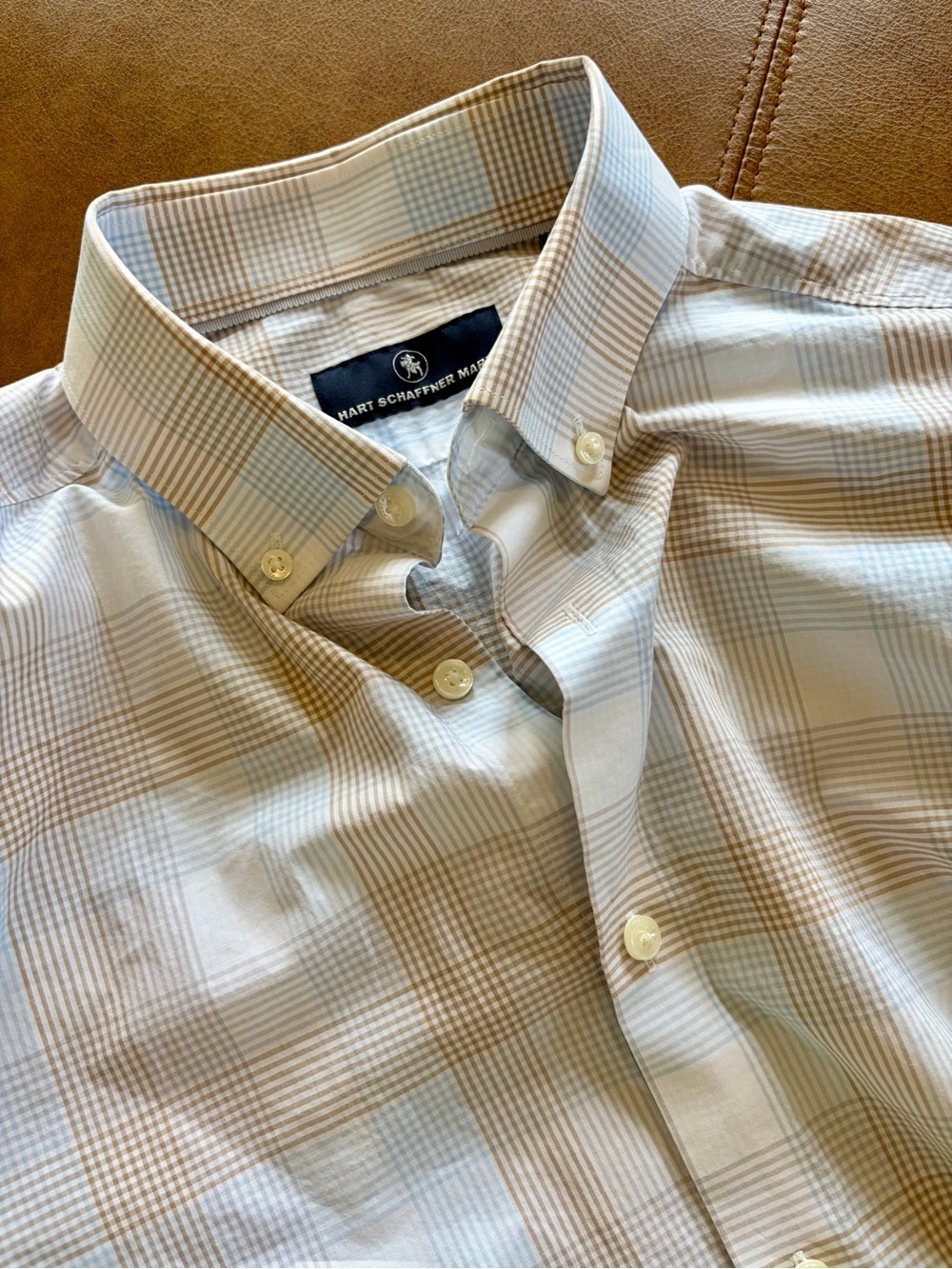 Hart Schaffner Marx Light Beige and White Plaid Button-Down Shirt